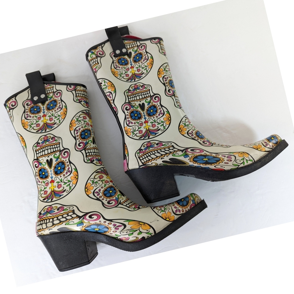 SOLD Rain Boots Sugar Skull Dia de Meurtos 6 Western Boot Style Cowgirl - Picture 11 of 15